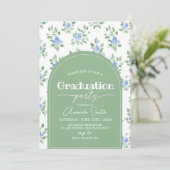 Blue Rose Sage Green Arch Graduation Invite Einladung (Stehend Vorderseite)