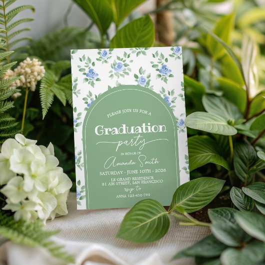 Blue Rose Sage Green Arch Graduation Invite Einladung