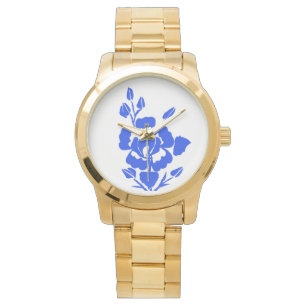Blue Rose Silhouette Gold Band Ladys Watch Armbanduhr
