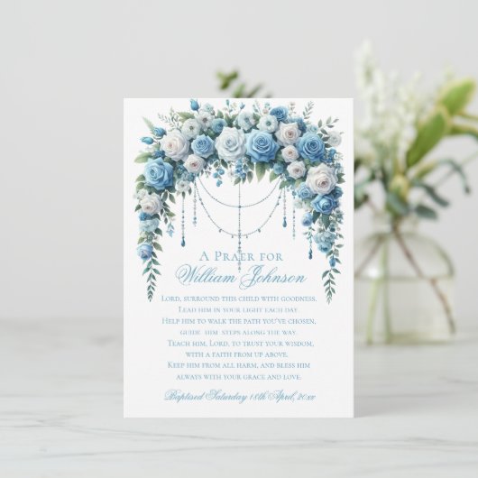 Blue Rose & Silver Cross Baptism Begleitkarte (Stehend Vorderseite)