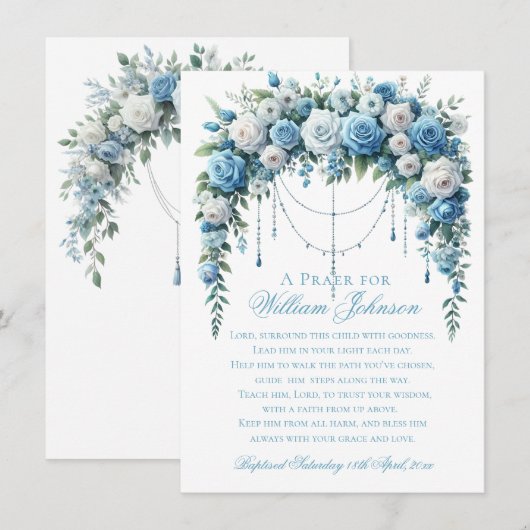 Blue Rose & Silver Cross Baptism Begleitkarte (Vorne/Hinten)