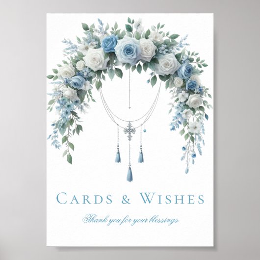 Blue Rose & Silver Cross Baptism Cards & Wishes  Poster (Vorne)