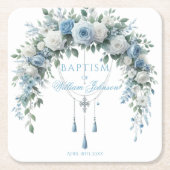 Blue Rose & Silver Cross Baptism Coaster Rechteckiger Pappuntersetzer (Vorderseite)