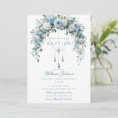 Blue Rose & Silver Cross Baptism Guest Book Einladung (Stehend Vorderseite)