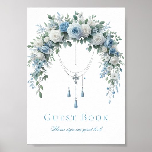 Blue Rose & Silver Cross Baptism Guest Book Sign Poster (Vorne)