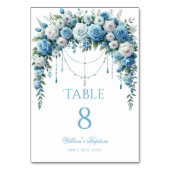 Blue Rose & Silver Cross Baptism Table Number Tischnummer (Vorderseite)