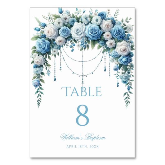 Blue Rose & Silver Cross Baptism Table Number Tischnummer (Vorderseite)
