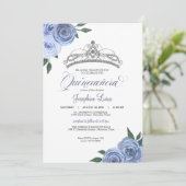 Blue Rose Silver Floral Quinceañera Birthday Invi Einladung (Stehend Vorderseite)