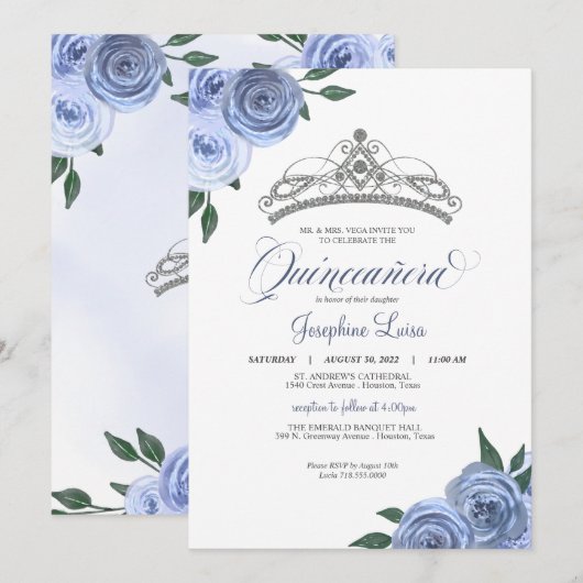 Blue Rose Silver Floral Quinceañera Birthday Invi Einladung (Vorne/Hinten)