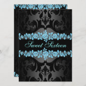 Blue Rose Sweet16 Damask Birthday Einladung (Vorne/Hinten)