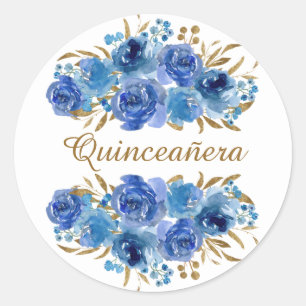Blue Rose und Gold Leaf Quinceanera Runder Aufkleber