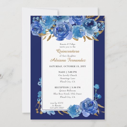 Blue Rose und Gold Leaf Quinceanera und Mass Einladung (Vorderseite)