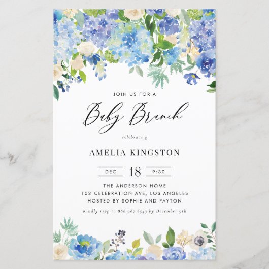 Blue Rose und Hydrangea Baby Brunch Einladung (Vorderseite)