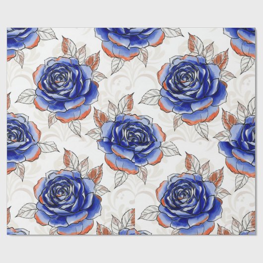 Blue Rose Watercolor Pattern Wrapping Paper Geschenkpapier (Flach)