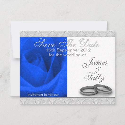 Blue Rose & Wedding Rings Save the Date Card (Vorderseite)