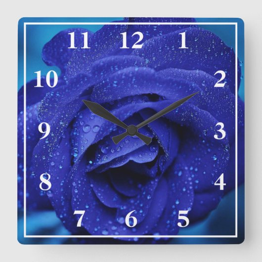 Blue Rose with Dew Drops Quadratische Wanduhr (Vorderseite)