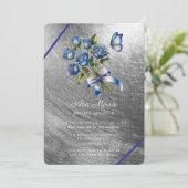 Blue Roses Butterfly Silver Bridal Shower Einladung (Stehend Vorderseite)