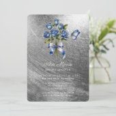 Blue Roses Butterfly Silver Bridal Shower Einladung (Stehend Vorderseite)
