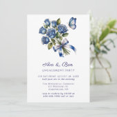 Blue Roses Butterfly Silver Engagement Party Einladung (Stehend Vorderseite)