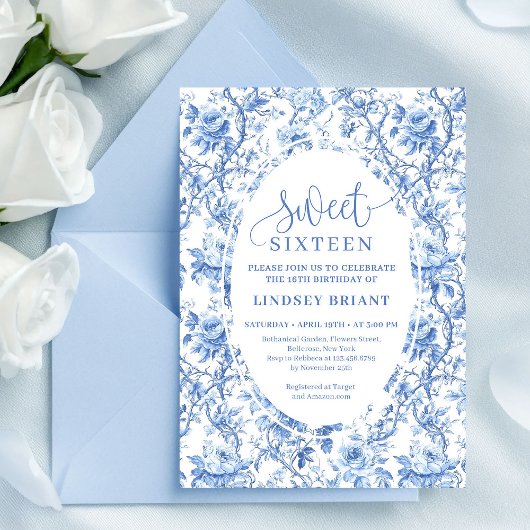 Blue Roses Digital Floral 16th Birthday Invitation Einladung