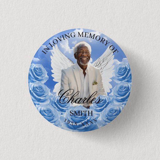 Blue Roses Sky Funeral Memorial Button Angel Wings (Vorderseite)