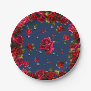 Blue Rote Rosen & Diamond Bling Elegantes Party Pappteller