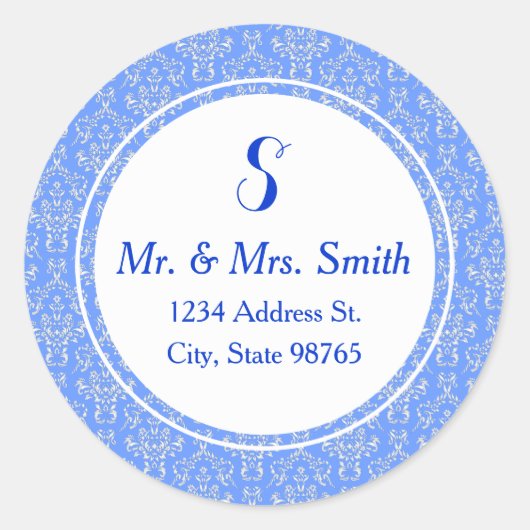 Blue Round Damask Address Label Runder Aufkleber (Vorderseite)