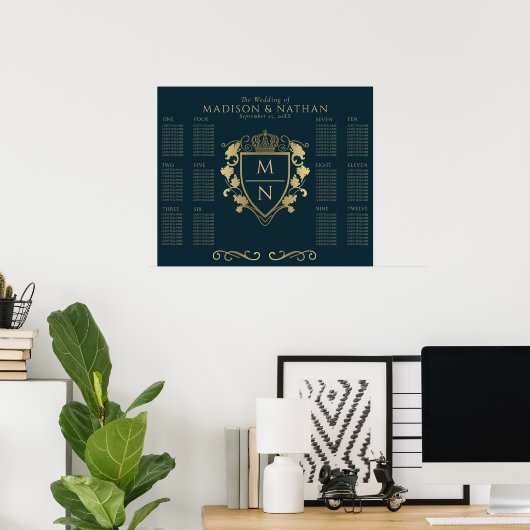 Blue Royal Fantasy Monogram Wedating Seating Poster (Heimbüro)