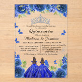Blue Royal Floral Butterfly Twin Quinceanera Acryleinladungen (Vorderseite)