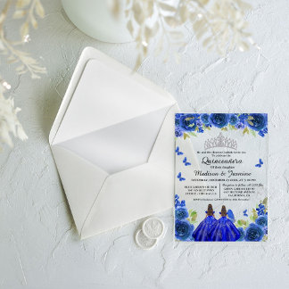 Blue Royal Floral Butterfly Twin Quinceanera Acryleinladungen