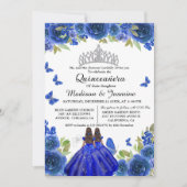 Blue Royal Floral Butterfly Twin Quinceanera Einladung (Vorderseite)