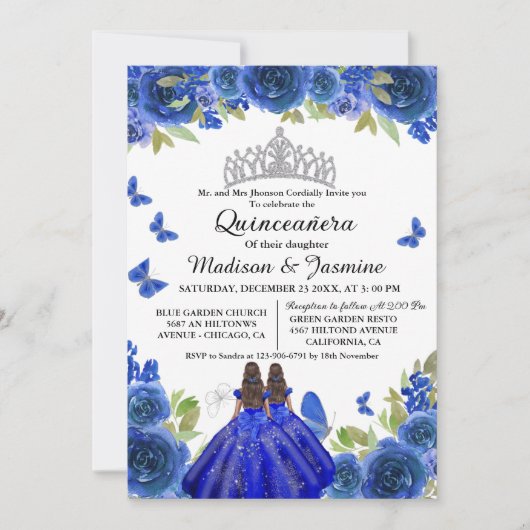 Blue Royal Floral Butterfly Twin Quinceanera Einladung (Vorderseite)