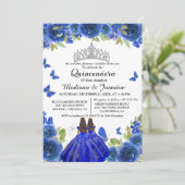 Blue Royal Floral Butterfly Twin Quinceanera Einladung (Stehend Vorderseite)