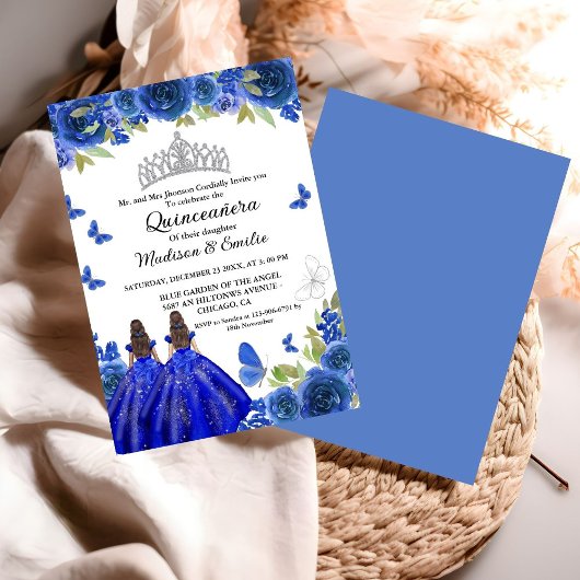 Blue Royal Floral Butterfly Twin Quinceanera Einladung