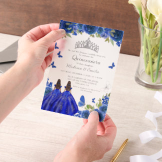 Blue Royal Floral Butterfly Twin Quinceanera Pergament Einladungen