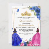 Blue Royal & Fuchsia Butterfly Twin Quinceanera Einladung (Vorderseite)