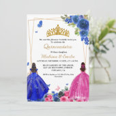 Blue Royal & Fuchsia Butterfly Twin Quinceanera Einladung (Stehend Vorderseite)