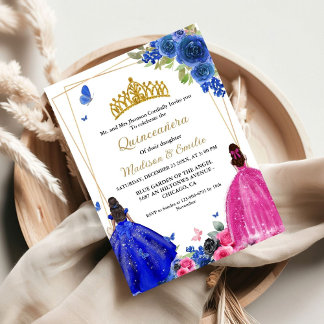 Blue Royal & Fuchsia Butterfly Twin Quinceanera Einladung