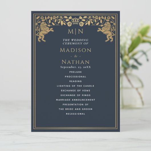 Blue Royal Lion Mittelalterliches Hochzeitsprogram Programm (Stehend Vorderseite)