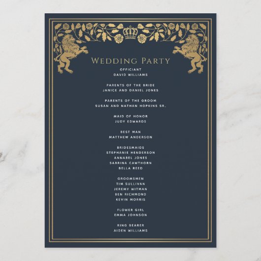 Blue Royal Lion Mittelalterliches Hochzeitsprogram Programm (Rückseite)