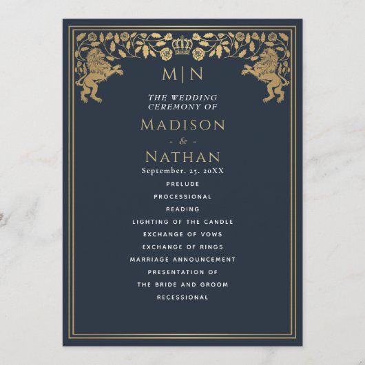 Blue Royal Lion Mittelalterliches Hochzeitsprogram Programm (Vorderseite)