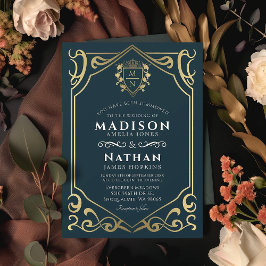 Blue Royal Medieval Fantasy Monogram Wedding Einladung