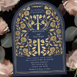 Blue Royal Medieval Gold Sword Wedding Arch Einladung<br><div class="desc">Set den Ton für deine mittelalterliche Fantasy-Hochzeit mit einem kühnen Bogen-Einladung-Design - ein großes goldenes Schwert umgeben von Blumen vor blauem Hintergrund. Ideal für Paare,  die von einer epischen,  romantischen Feier träumen. Machen Sie Ihre Liebe von Anfang an legendär! HINWEIS: Das Gold in diesem Design ist KEINE echte Folie.</div>
