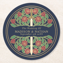 Blue Royal Medieval Gold Sword Wedding Runder Pappuntersetzer