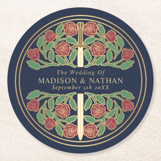 Blue Royal Medieval Gold Sword Wedding Runder Pappuntersetzer (Vorderseite)