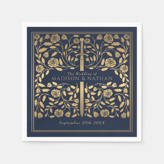 Blue Royal Medieval Gold Sword Wedding Serviette (Vorderseite)