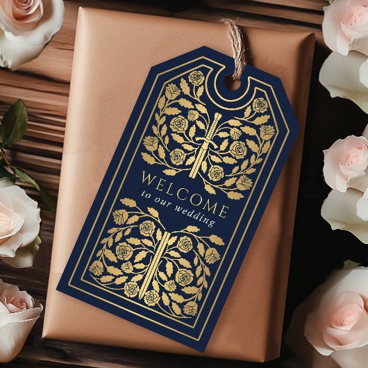 Blue Royal Medieval Gold Sword Wedding Welcome Geschenkanhänger
