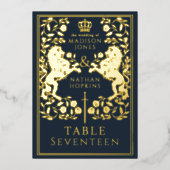 Blue Royal Medieval Lion Wedding Foil Table Card Folieneinladung (Vorderseite)