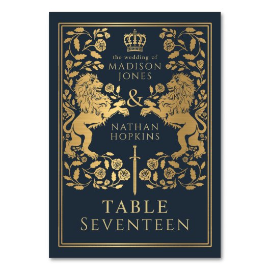 Blue Royal Medieval Lion Wedding Tischnummer (Vorderseite)