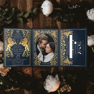 Blue Royal Medieval Lion Wedding Tri-Fold Dreifach Gefaltete Einladung